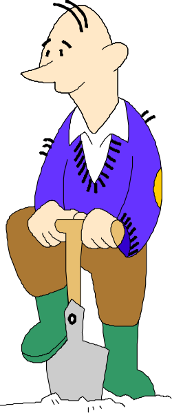 The image shows a cartoon of an old man sitting on his knees with a shovel next to him, wearing brown pants and boots, in front of what appears to be a gray wall.