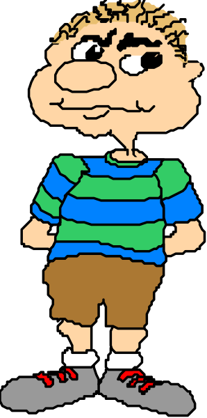 The cartoon shows a boy with blonde hair wearing glasses standing next to an animated character that resembles him but is larger in size; both characters have blue shirts on.
