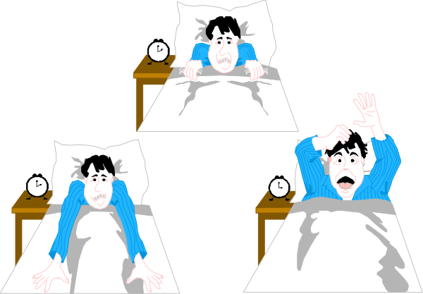 The image shows a sequence of four panels depicting an animated character lying on a bed with their hands clasped together in front of them while looking upwards towards something out of frame; each panel captures different expressions and poses, suggesting progression from surprise to exhaustion or distress over time.