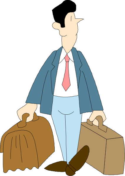 The cartoon depicts a man standing with two suitcases at his feet; he is wearing a tie and has luggage in each hand as well.