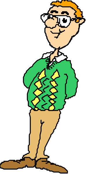 The cartoon shows a man standing against a black background with his hands on hips; he is wearing glasses, has brown hair, wears a green sweater over a white shirt, khaki pants, and dark shoes.