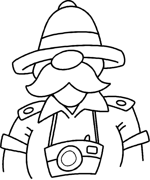 The black and white illustration shows a cartoon of an old man with facial hair wearing glasses standing next to his camera on top of what appears to be a newspaper stand in front of him; he is dressed as a detective, complete with hat and trench coat.