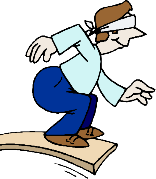 The cartoon shows a man riding on top of an object that resembles a skateboard with wheels attached to it; he is wearing glasses over his eyes while leaning forward in motion.