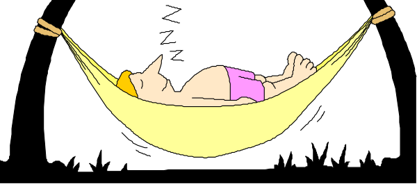 The image shows a cartoon of two children lying on hammocks with their heads resting together as if sleeping; there is no text present in this clip-art illustration.