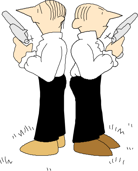 The black and white cartoon shows two characters holding guns crossed over their chests with a serious expression on each face; both have mustaches drawn in yellow coloring.