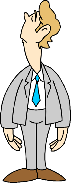 The cartoon shows a man standing against a black background with his hands on hips; he is wearing a suit jacket over an unbuttoned shirt, has short hair, wears glasses, and appears to be looking downward while holding up one finger as if making a point or gesture of emphasis.