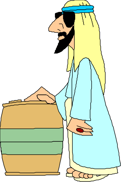 The cartoon depicts a man with long hair holding an instrument that resembles a drum while standing next to another figure who appears to be wearing blue robes; both figures have halos around their heads, suggesting religious significance.