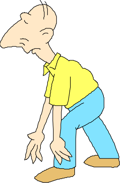 The cartoon shows a man with his hands on knees leaning forward as if he's about to fall over; behind him is another figure standing upright in blue jeans looking at something off-frame.