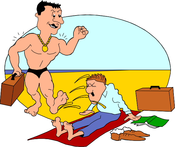 The cartoon depicts a man with exaggerated muscles standing over another person who is lying on their stomach while holding onto luggage bags.