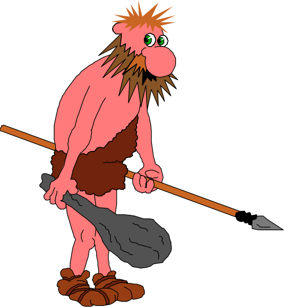 The image shows a cartoon of two cavemen: on the left side is an anthropomorphic figure with red fur standing upright holding what appears to be a club; on the right side is another similar character, also in profile view but without any visible clothing or accessories and carrying something that looks like a large rock. Both characters have exaggerated facial features typical of cartoon representations such as eyes wide open and expressive eyebrows. The background is plain black with no additional details provided about setting or environment beyond the cavemen themselves.