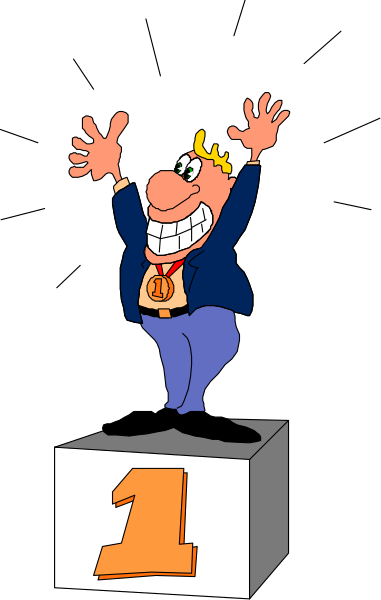 The cartoon shows a man standing on top of an award podium with his arms raised high above him; he is wearing glasses and has short hair. He's holding up two fingers to represent first place, indicating that this image represents winning something significant like 1st prize or the number one in some context. There are no other objects visible besides these elements which make it a simple yet clear representation of achievement. The background appears dark but does not provide any additional information about setting beyond what is described above. No animals or people aside from the man on top of podium can be seen,
