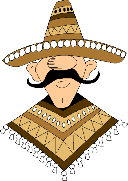 The image shows a cartoon of an exaggeratedly large sombrero with a face drawn on it wearing traditional Mexican clothing; there is no text present in this clip-art illustration.