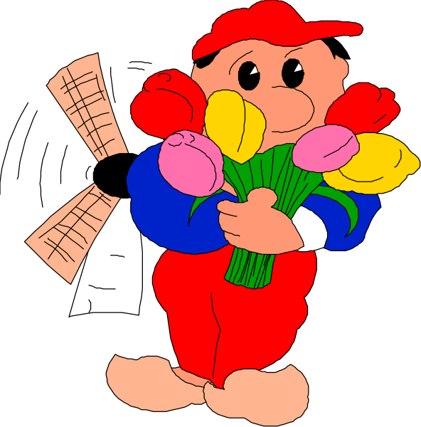 The cartoon depicts a character holding flowers with red roses on top of yellow tulips; this figure is wearing blue pants, white shoes, and has an open newspaper in their left hand while standing against black background.