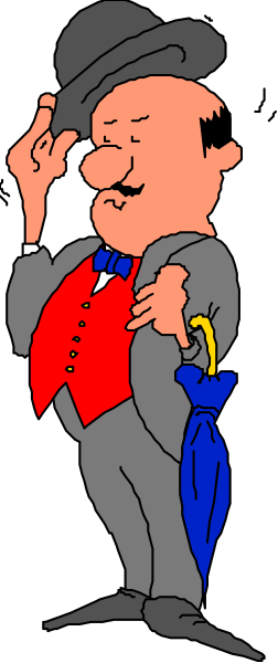 The cartoon shows a man dressed as an umbrella salesman with his arm outstretched holding up an open blue umbrella while standing on what appears to be a sidewalk in front of a building, wearing a red vest and hat over a suit jacket.