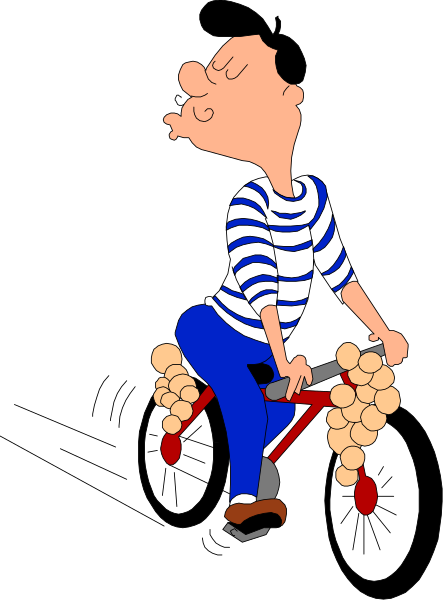 The cartoon shows a man riding an adult bicycle with multiple bags of groceries attached to it while he is in motion on what appears to be a city street at nighttime.