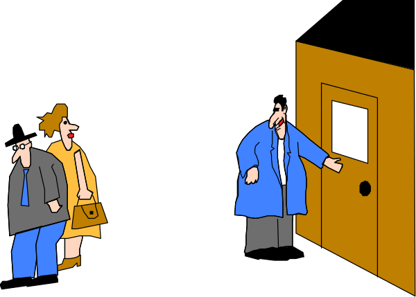 The cartoon depicts a group of five animated characters standing outside an open door with signs on it; two men appear to be in conversation while three others look at them from behind.