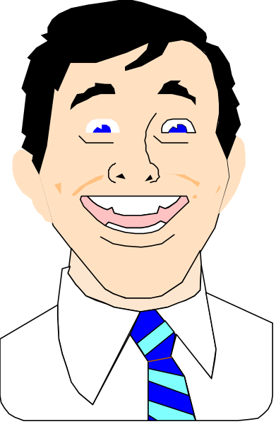 The image shows a cartoon of an adult male with blue eyes wearing glasses, smiling broadly at something off-camera while holding his hands up in front of him as if gesturing to someone else's actions. He has short brown hair and is dressed formally in what appears to be business attire including a tie that stands out due to its colorful pattern against the darker background. The man seems surprised or amused by something, indicated by his exaggerated facial expression with wide eyes and an open mouth revealing teeth.