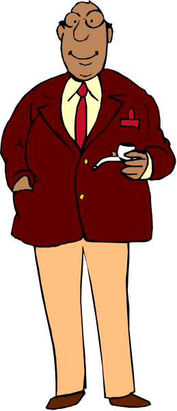 The image shows a man standing with his hands behind him; he's wearing glasses, has dark hair, is dressed in a suit jacket over an orange shirt paired with beige pants, and holds what appears to be a newspaper under one arm while looking off into space.