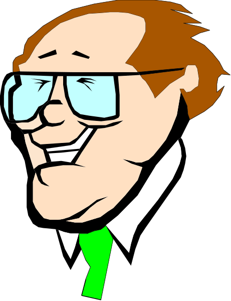 The image shows a cartoon of an older man with glasses wearing a suit jacket over his shoulder, smiling broadly at something off-camera. He has gray hair and is balding on top.
