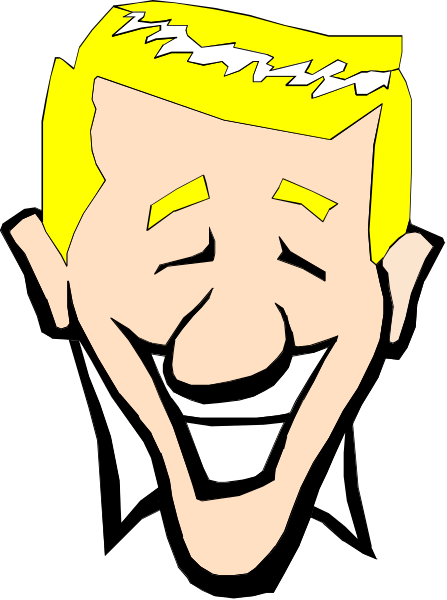 The image shows a caricature of an older man with white hair smiling broadly at something off camera. He is wearing glasses and has mustache stubble on his face.