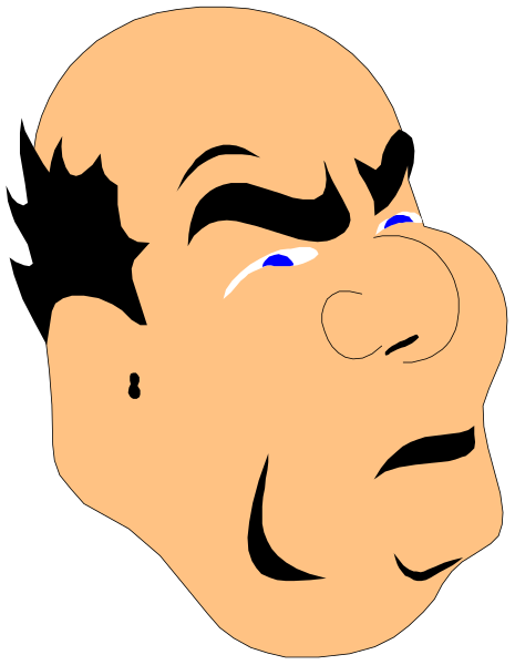 The image shows a caricature of an older man with exaggerated facial features such as large eyes and nose, wearing glasses over his eyes which appear to be closed in concentration or thoughtfulness. He has gray hair on top of his head that is styled upwards at one side. His eyebrows are bushy above the eyeglasses frame. The background behind him appears dark with a hint of light coming from below, suggesting he might be standing under some sort of illumination source like sunlight or stage lights. There's no text present in this image to provide additional context about what is