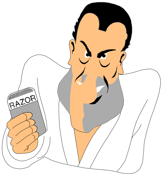 The cartoon shows a man with exaggerated facial features holding up two fingers to his eyes as if he's looking through them while wearing sunglasses on top of his head. He is standing in front of an open door, and there appears to be some text or writing above him that says "RAZOR." The style suggests it might have been created using a clip-art image with added elements like the man holding up fingers for emphasis.