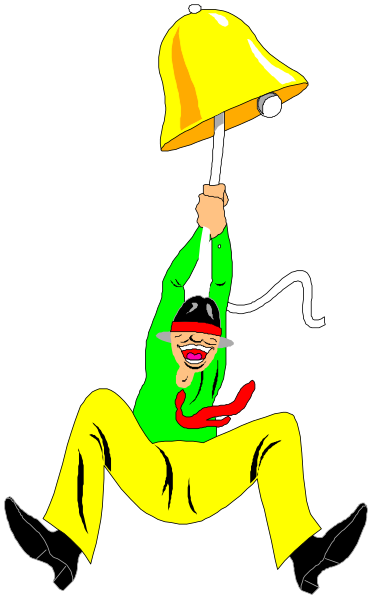 The image shows a cartoon of an animated character holding onto a bell with both hands while hanging from it by their legs in mid-air against a black background.