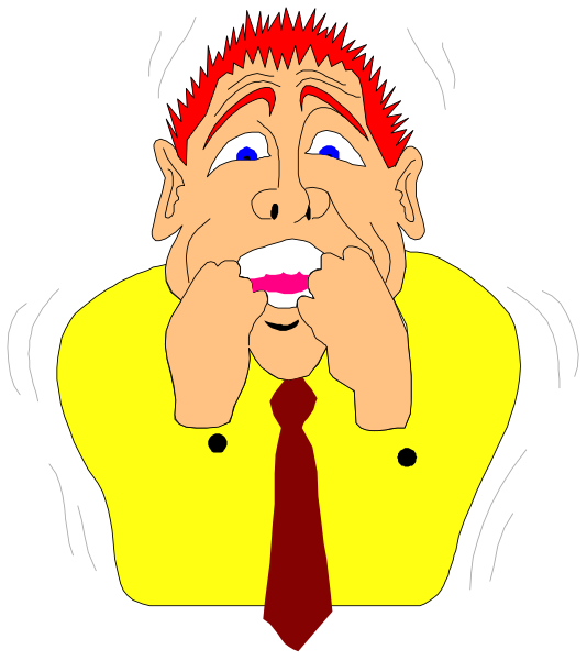 The cartoon depicts a man with red hair who appears to be screaming while holding his head downwards; he is wearing a yellow shirt under an open jacket and has one hand on each side of his face, suggesting distress or discomfort.