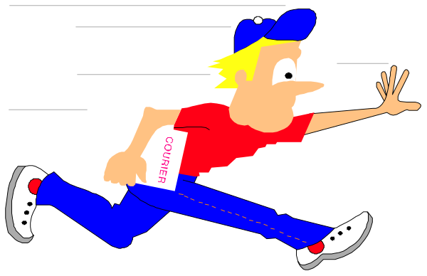 The cartoon depicts a man running with his arms outstretched while holding an envelope labeled "COURIER."