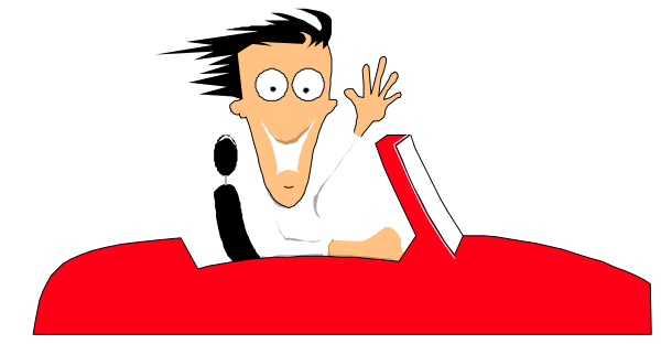 The cartoon shows a man driving an open red car with his arms outstretched as if waving to someone outside of frame; he is smiling broadly while looking ahead at something off-camera that seems exciting, and there's no visible text in this image.