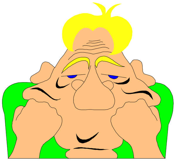 The cartoon shows a man with his hands on either side of his face looking upwards as if he's deep in thought while sitting at what appears to be an office desk under fluorescent lighting.
