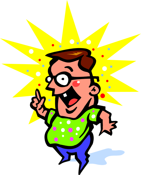 The cartoon shows a man with glasses pointing to something offscreen while standing next to an explosion of stars that is emanating from his head; he appears surprised by this event.