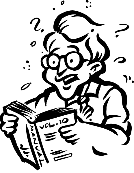 The black and white illustration shows a man holding an open book with his left hand while reading it; he is wearing glasses on top of his head and has dark hair that appears to be styled in a slicked-back manner, suggesting middle age. He's dressed casually but smartly enough for the setting depicted here: what seems like a library or study room at nighttime due to the darkness outside visible through windows behind him. The man is standing against an interior wall with some indistinct items on it that could be decorative objects, and there are no other people in