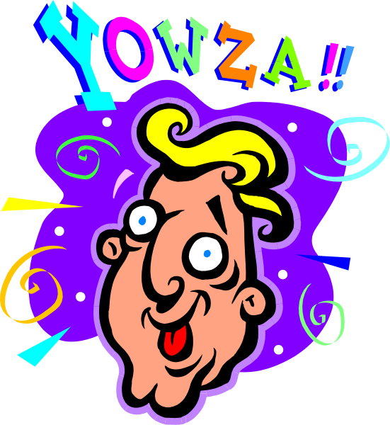The image shows a cartoon of an animated character with exaggerated facial features that resembles a caricatured man's face on top of what appears to be a human body. Above this figure, there is text in various font styles and sizes saying "YOWZA!" which translates from Afrikaans as 'hello.' The background has swirling patterns with different colors like purple, blue, green, yellow, red, orange, pink, white, black, gray, brown, beige.