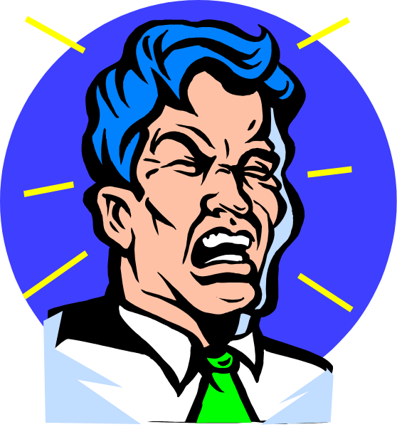 The image shows two panels with a man's face depicted on both sides of an icon that resembles a light bulb. In one panel, he appears to be in shock or surprise; his mouth is open and eyes wide as if reacting strongly to something unexpected. His hair looks disheveled due to the intensity of emotion displayed. The background behind him has blue lines radiating outward from what seems like an explosion point at the top center part of the image, suggesting a sudden event or impact that caused his reaction. In contrast, in the second panel, he is shown