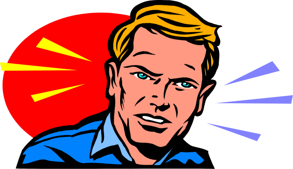 The image features a man's face with an exaggerated expression of surprise on his lips, set against two red circles that resemble eyes looking outward from either side of him; there is no text present in this clip-art illustration.
