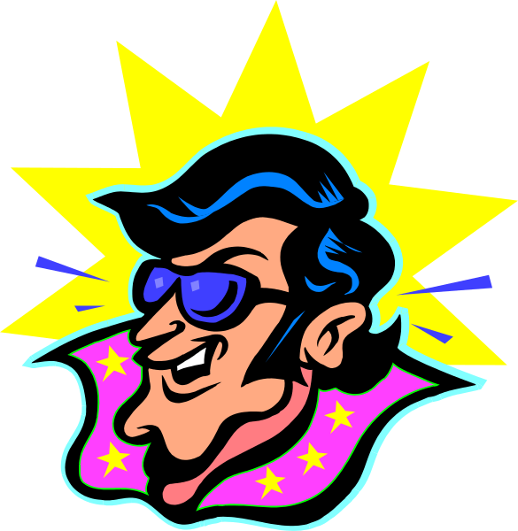 The images show a cartoon character with sunglasses wearing an oversized shirt adorned with stars, depicted twice in different poses against contrasting backgrounds: one is neon-lit while the other has a starburst effect around it.