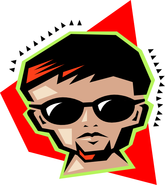 The image shows a stylized graphic of an individual with sunglasses wearing red lipstick on their lips; it is set against a black background that has two diagonal lines creating a diamond shape in one corner, and there's no text present within this small clip-art style illustration.
