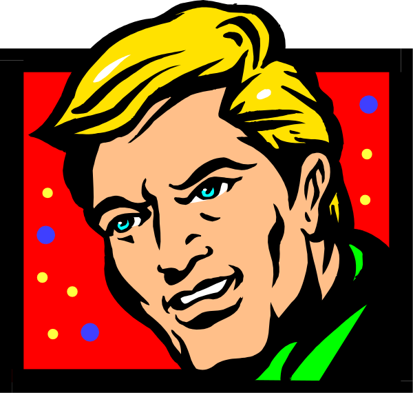 The image shows a stylized illustration of an adult male with blond hair wearing sunglasses over his eyes; he has a muscular build and is depicted in profile facing to the right side of the frame, looking towards something off-camera. He wears what appears to be a black shirt or jacket under a red square patterned background that resembles stars against space. The man's expression seems neutral with no visible emotion on his face.