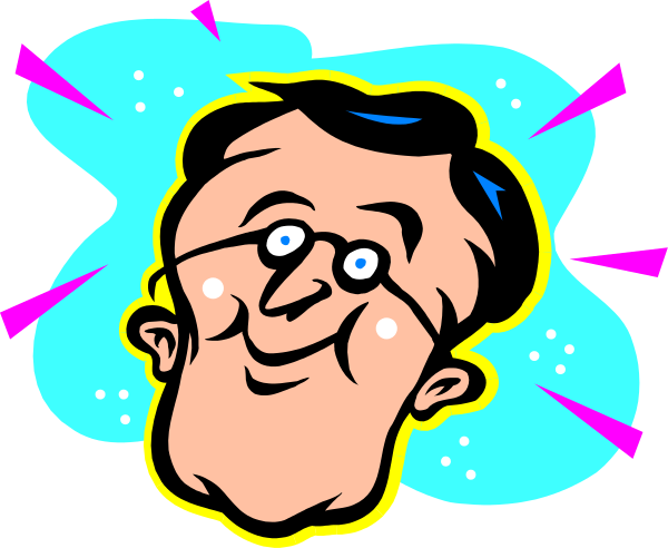 The image features a cartoon of an older man with glasses wearing a suit jacket over his shoulder, smiling broadly at something off-camera to the left side of the frame; he is surrounded by colorful speech bubbles containing various phrases and expressions like "Wow!", "Huh? What did you say?".