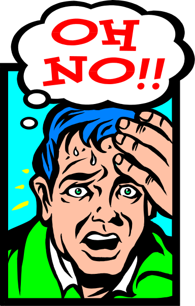 The image shows a comic book panel with an animated character who appears to be experiencing shock or surprise; he has his hand on his head in disbelief while looking upwards towards something off-panel that is causing this reaction, and there's text above him saying "OH NO!"