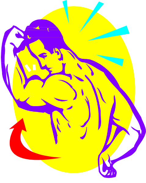 The image shows a stylized graphic of an athlete with muscular arms flexed against his chest within what appears to be a circular emblem that has rays extending outward from it in different directions, suggesting power and strength themes commonly associated with bodybuilding or fitness culture.