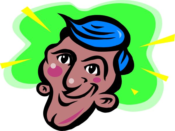 The image shows a cartoon of an animated man with blue hair wearing glasses, smiling broadly at something off-camera to his right side in front of him.