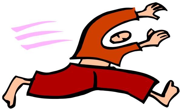 The image shows a cartoon of an animated character running with their arms outstretched against a black background.