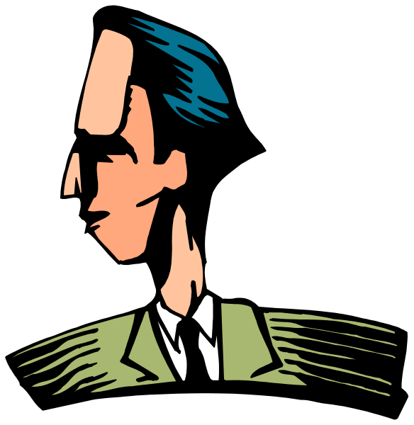 The image shows a black and white illustration of an animated character that appears to be male with glasses on his face looking downward towards what seems like another figure below him in profile view.