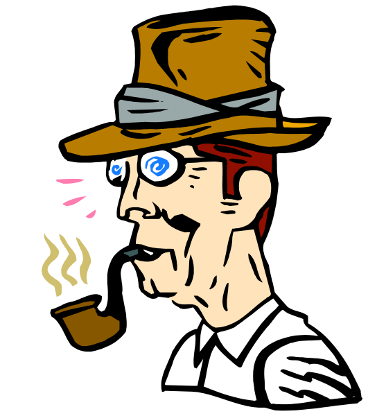 The cartoon depicts an elderly man with a mustache wearing glasses holding a pipe to his mouth while smoking it. He is dressed in formal attire including a suit jacket over a striped shirt, trousers and tie, along with a brown fedora hat adorned with what appears to be feathers or plumes on the band. The man has white hair and sports an exaggeratedly large nose that stands out prominently against his face. He is also wearing round glasses over blue eyes which are looking directly at the viewer, giving him a somewhat surprised expression.