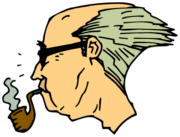 The black and white illustration features a man smoking from his pipe while holding it with both hands to his mouth; he is balding on top of his head and wearing glasses over one eye.