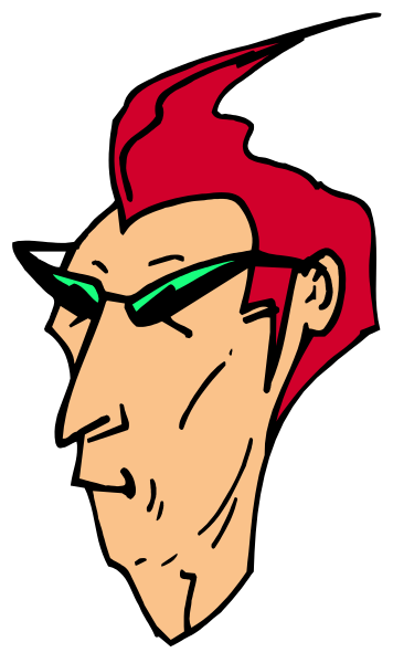 The image features a cartoon of an older man with red hair wearing glasses, standing against a black background.