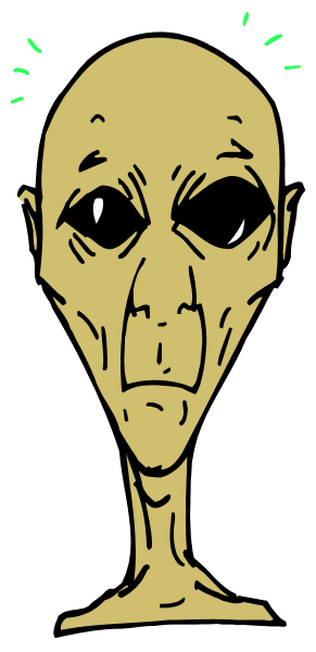 The image shows a cartoon of an alien with big eyes peeking out from behind what appears to be a black door frame against a white background.