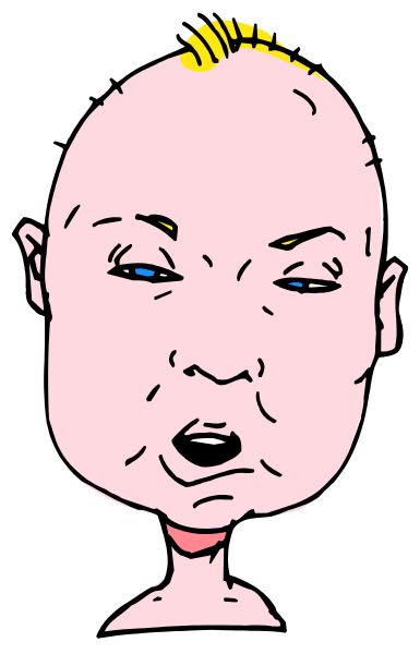 The image shows a cartoon of an adult male with blonde hair wearing glasses, depicted as having blue eyes and a neutral expression on his face. He is balding at the top but has fuller eyebrows that meet in the middle above each eye. His facial features include two ears visible from behind, one nose, lips slightly parted to reveal teeth, and he appears to be looking directly ahead or off-camera with no indication of movement. The background consists solely of a black rectangle without any additional details.